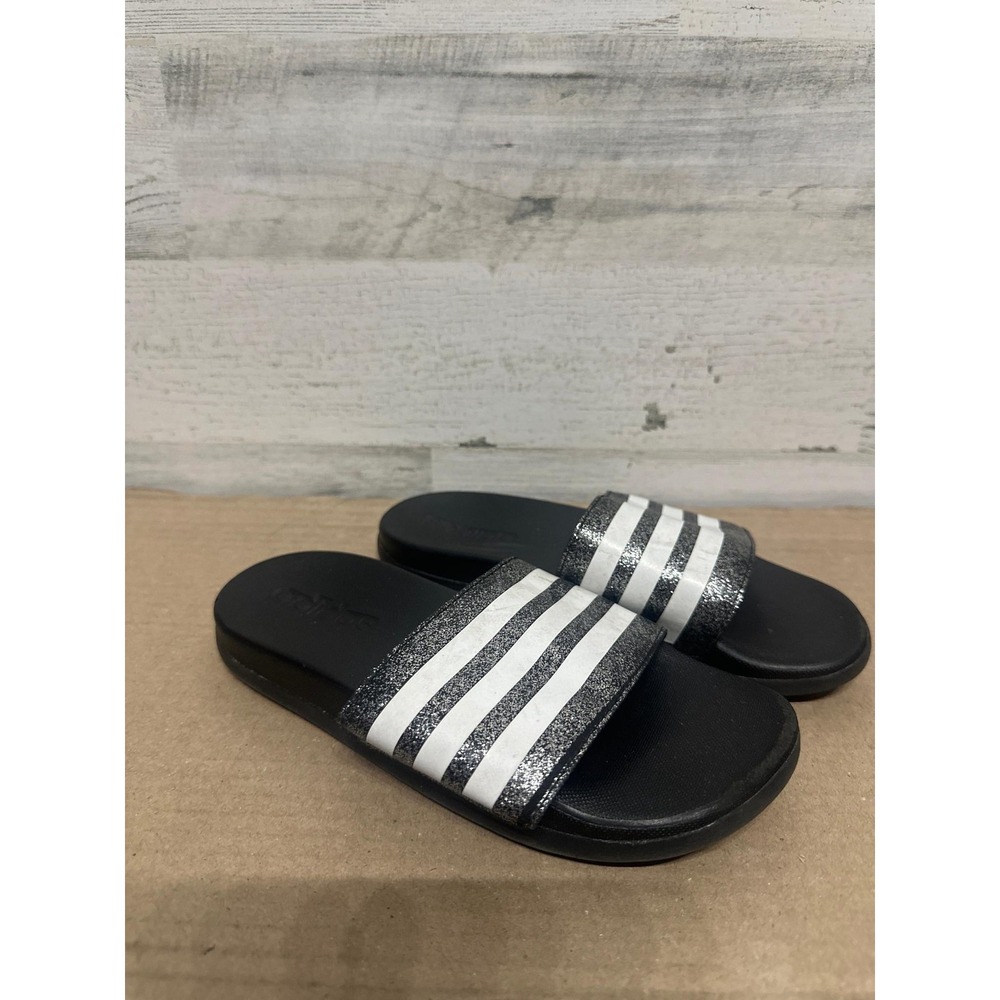 Adidas Adilette Slides Girls Size 2 Black Silver Glitter 3-Stripes